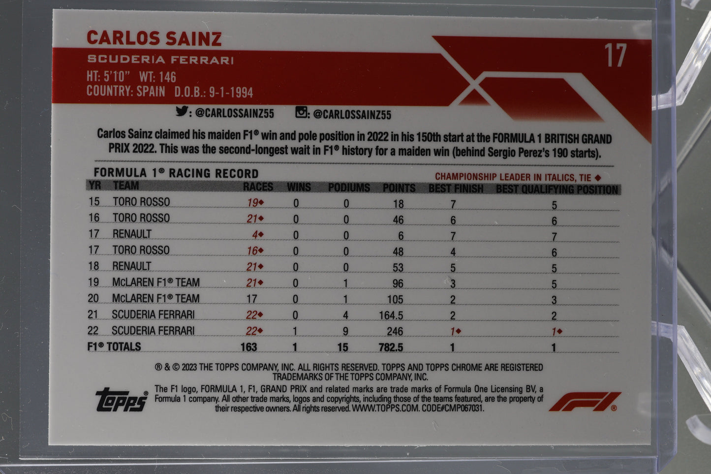 Carlos Sainz 2023 Topps Chrome Formula 1 #17 Scuderia Ferrari