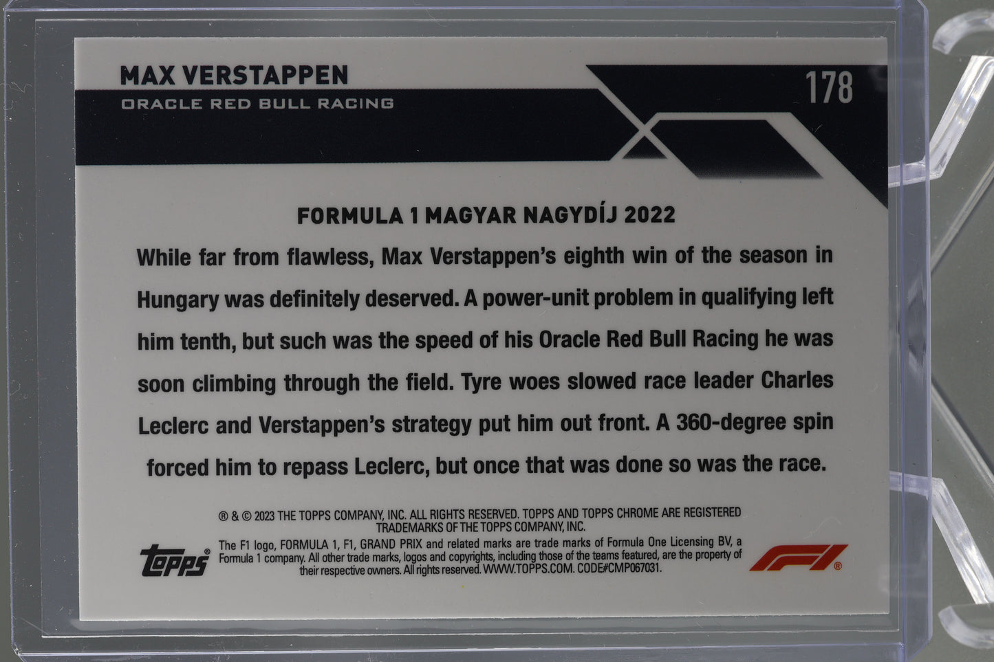 Max Verstappen 2023 Topps Chrome Formula 1 #178 Driver of the Day Hungary 2022